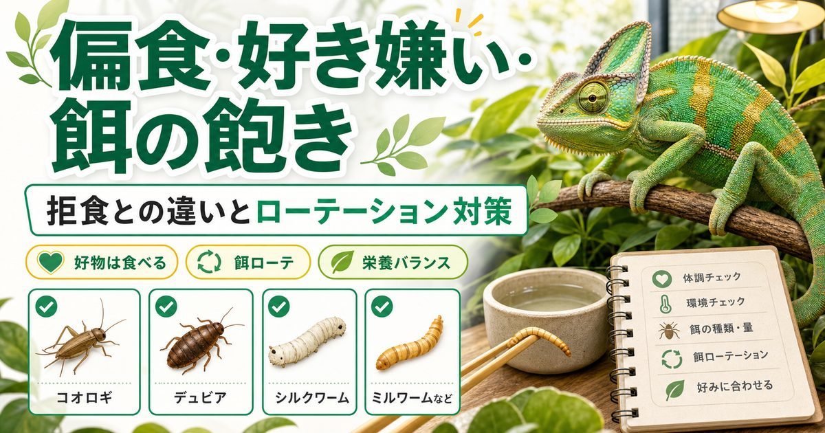 爬虫類の偏食・好き嫌い・餌の飽き完全ガイド｜特定の餌しか食べない時の対処と拒食との違いの要点を伝えるカメレオン・爬虫類記事アイキャッチ画像
