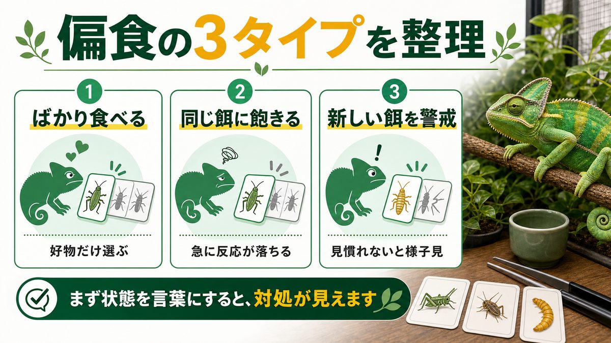 偏食・好き嫌い・餌の飽きとは？まずは状態を整理の要点をまとめたカメレオン・爬虫類飼育インフォグラフィック