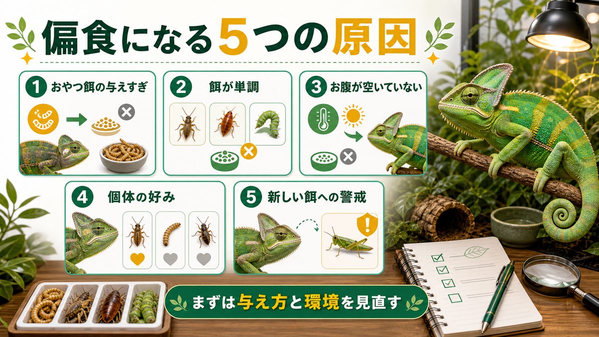 なぜ偏食になるのか？5つの原因をひもとくの要点をまとめたカメレオン・爬虫類飼育インフォグラフィック