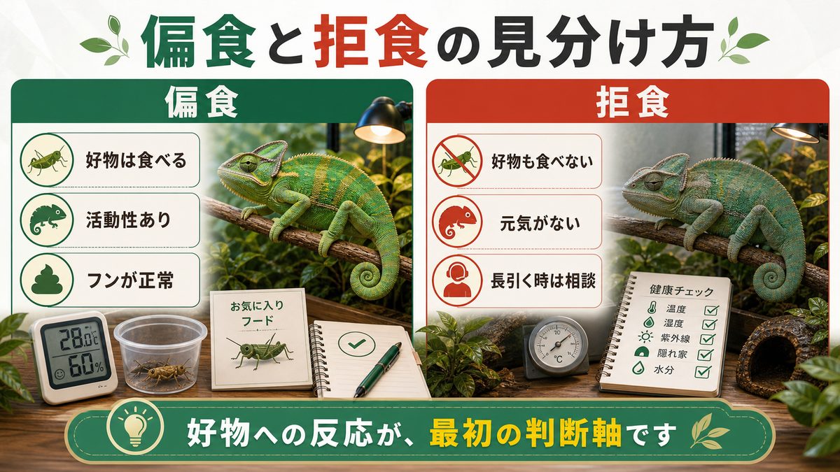 偏食と拒食の見分け方｜ここがいちばん大事の要点をまとめたカメレオン・爬虫類飼育インフォグラフィック