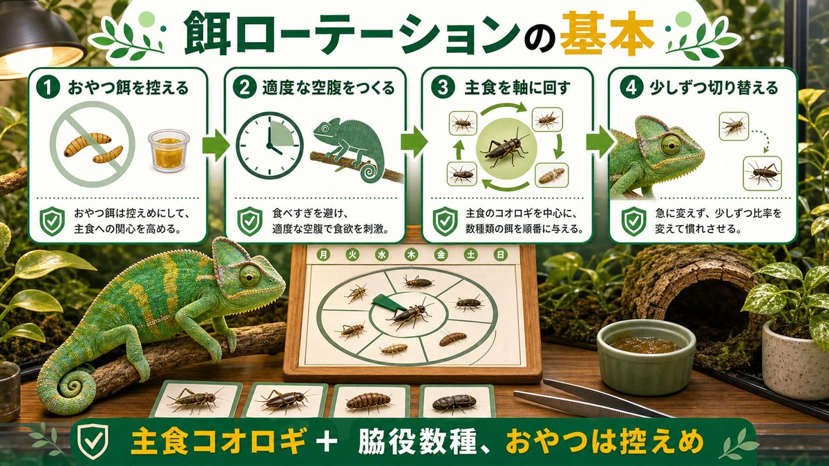 餌のローテーションで好き嫌いを改善するの要点をまとめたカメレオン・爬虫類飼育インフォグラフィック