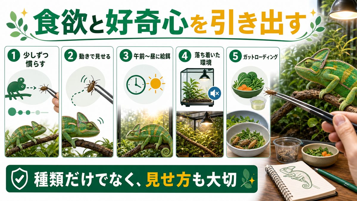 食欲・好奇心を引き出す与え方の工夫の要点をまとめたカメレオン・爬虫類飼育インフォグラフィック