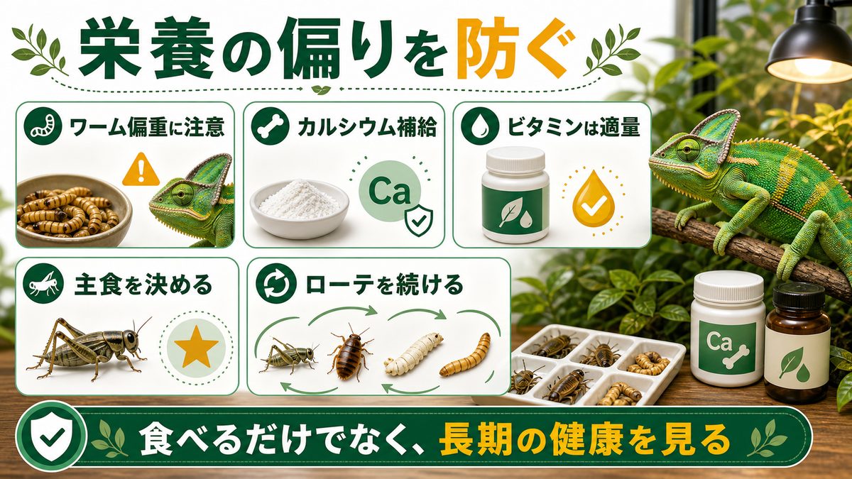 栄養の偏りを防ぐ｜偏食の本当の怖さの要点をまとめたカメレオン・爬虫類飼育インフォグラフィック
