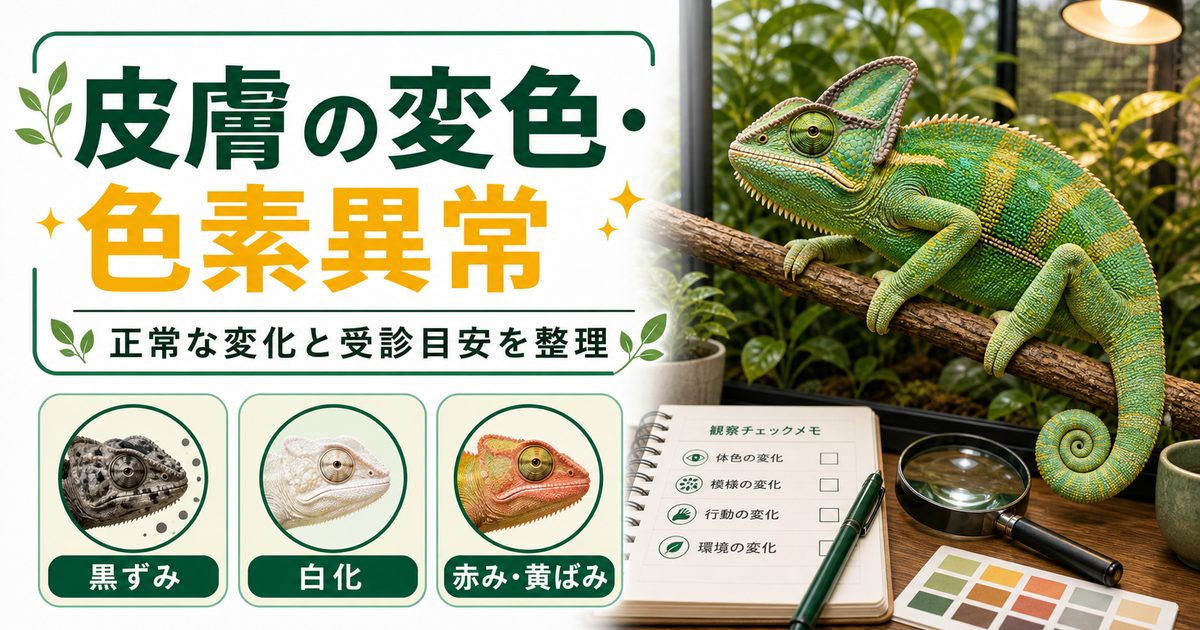 爬虫類の皮膚の変色・色素異常完全ガイド｜黒ずみ・白化・赤み・黄ばみの原因と受診の目安を徹底解説の要点を伝えるカメレオン・爬虫類記事アイキャッチ画像