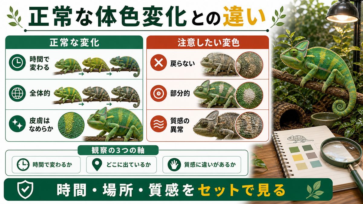 皮膚の変色・色素異常とは？正常な体色変化との違いの要点をまとめたカメレオン・爬虫類飼育インフォグラフィック