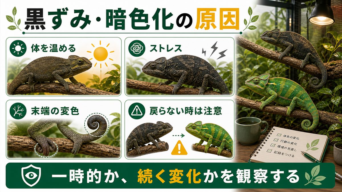 黒ずみ・暗色化の原因をひもとくの要点をまとめたカメレオン・爬虫類飼育インフォグラフィック