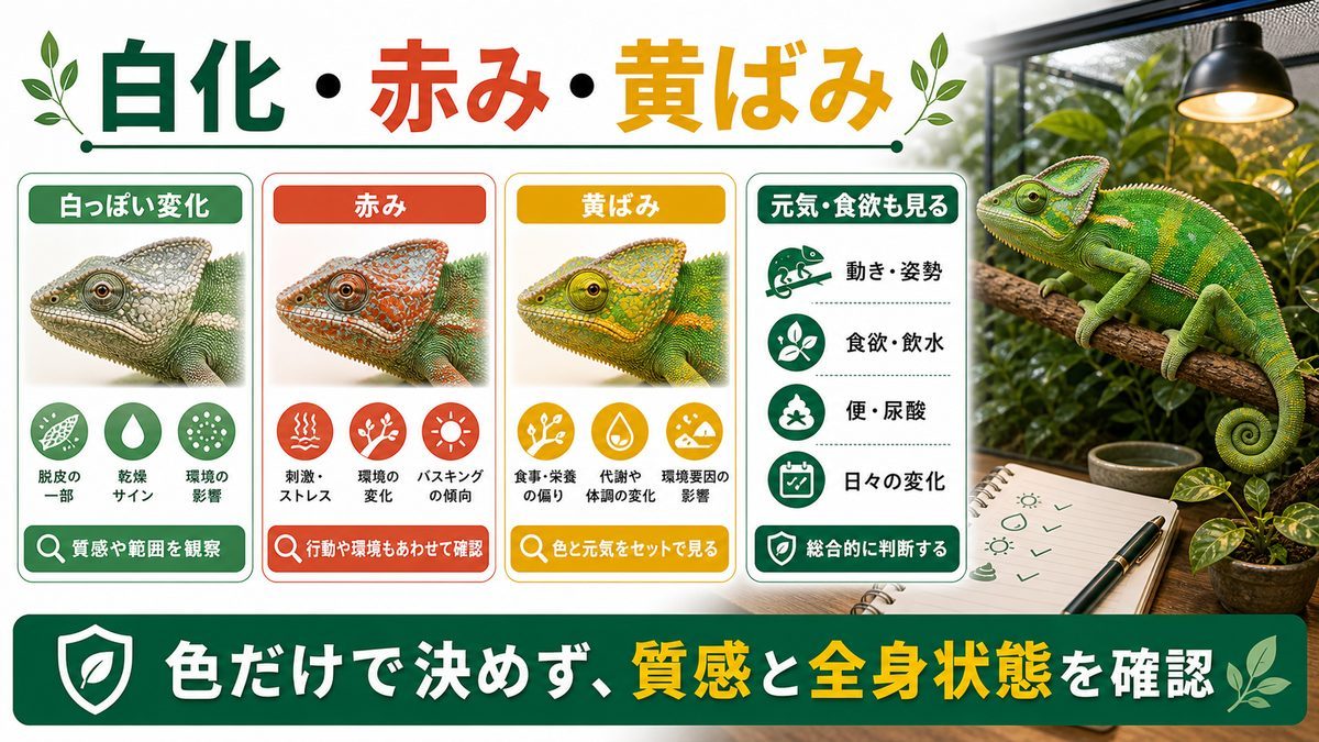 白化・赤み・黄ばみ——色別に考えられる原因の要点をまとめたカメレオン・爬虫類飼育インフォグラフィック