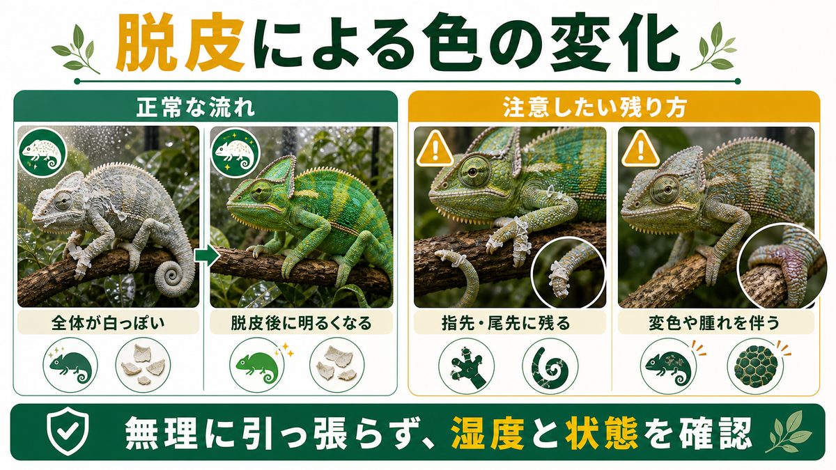 脱皮による色の変化と、トラブルの見分け方の要点をまとめたカメレオン・爬虫類飼育インフォグラフィック