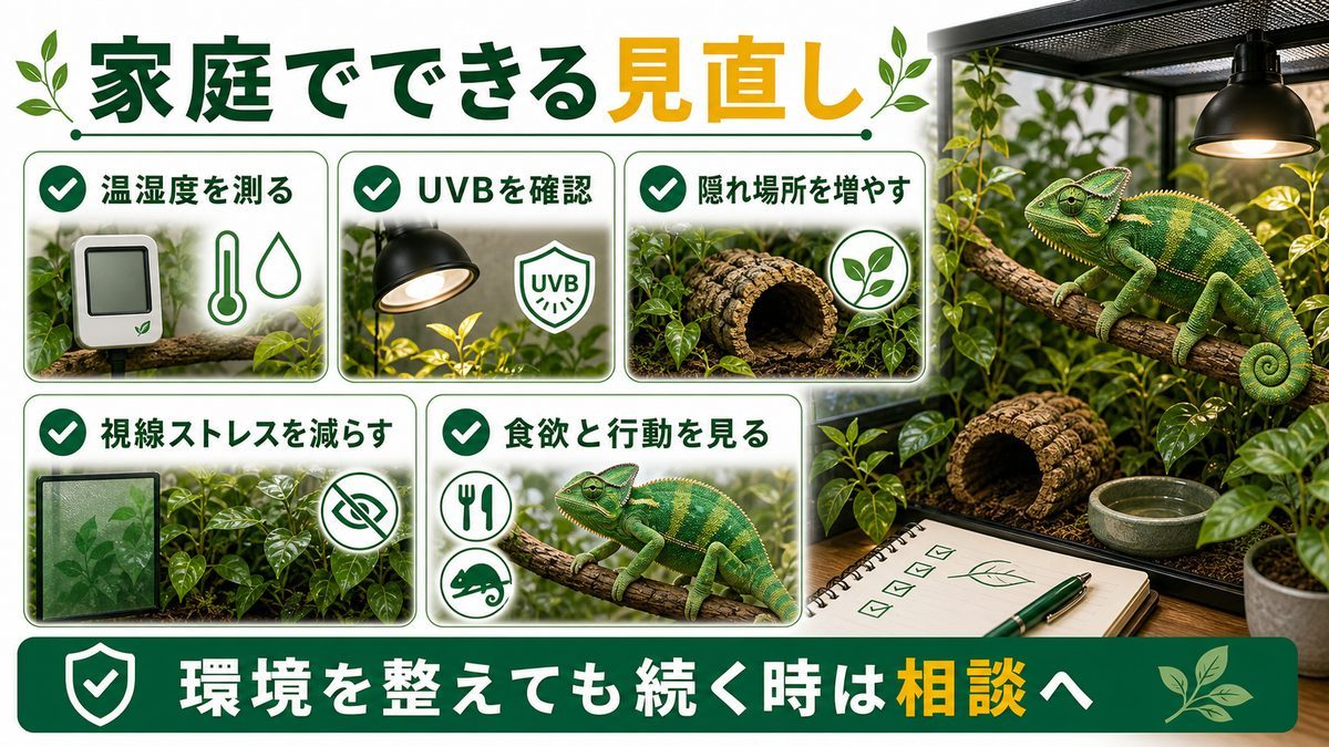 家庭でできる環境の見直しと対処の要点をまとめたカメレオン・爬虫類飼育インフォグラフィック