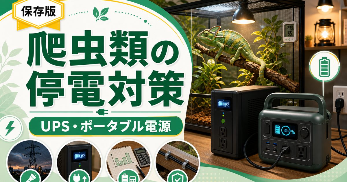 爬虫類飼育の停電対策電源・ポータブル電源完全ガイド｜UPS・大容量バッテリーの容量計算と自動切替を徹底解説の要点を伝えるカメレオン・爬虫類記事アイキャッチ画像