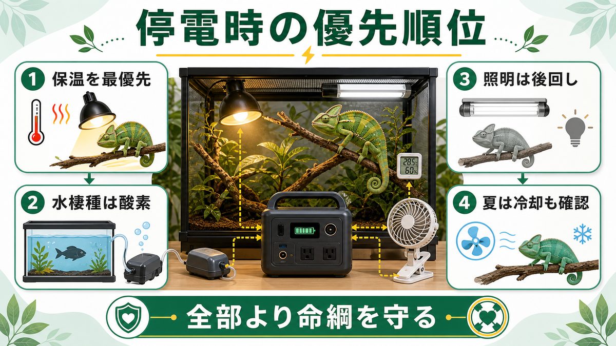 なぜ停電対策の電源が必要かの要点をまとめたカメレオン・爬虫類飼育インフォグラフィック