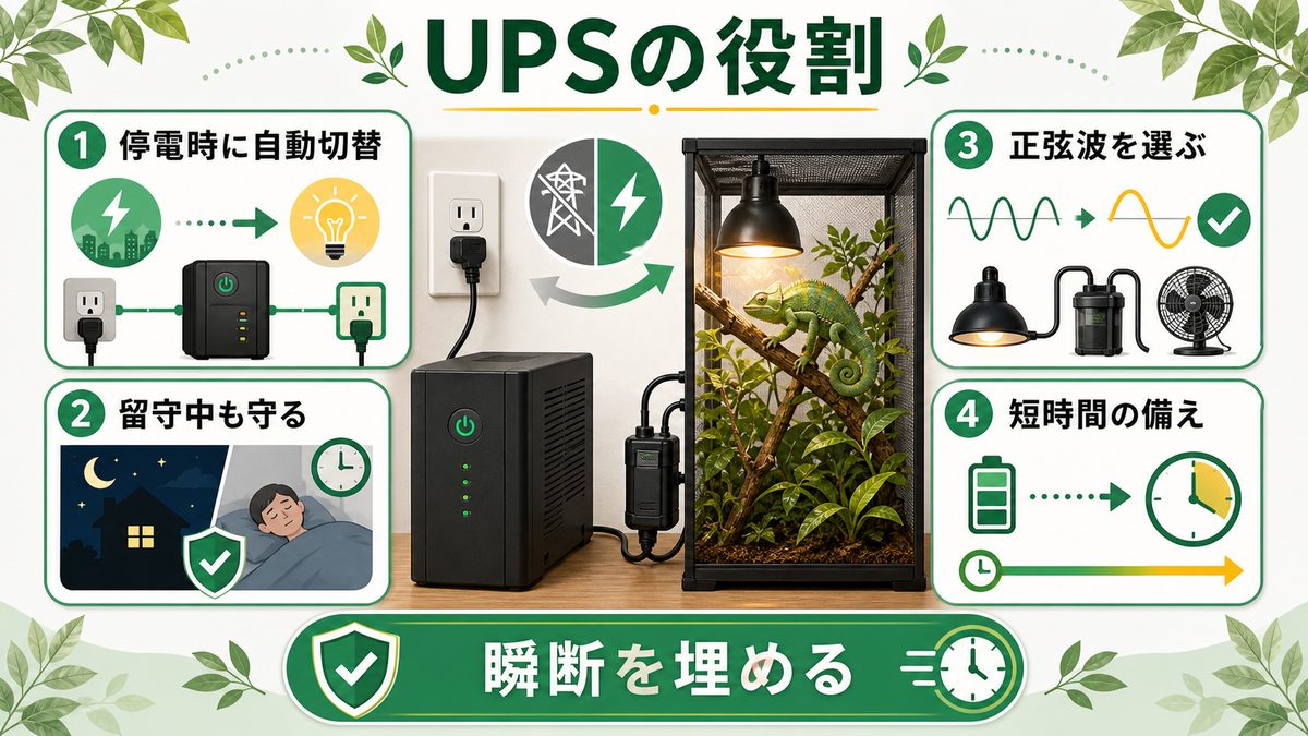 UPS（無停電電源）の役割と自動切替の要点をまとめたカメレオン・爬虫類飼育インフォグラフィック