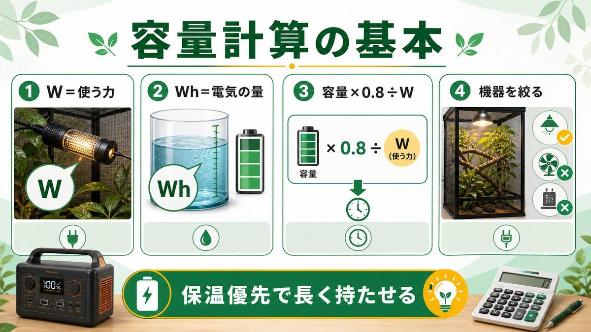 消費電力からの容量計算の要点をまとめたカメレオン・爬虫類飼育インフォグラフィック