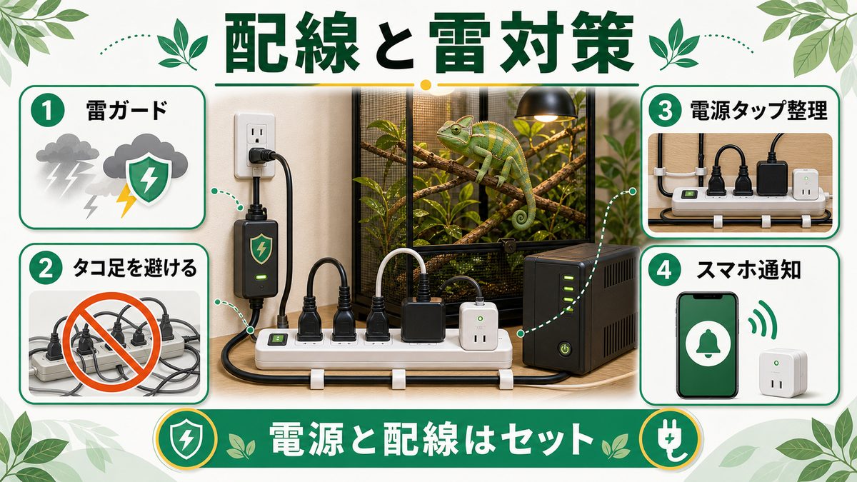 配線・雷対策との組み合わせの要点をまとめたカメレオン・爬虫類飼育インフォグラフィック