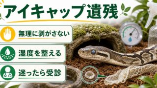 ヘビの目の脱皮殻が残る「アイキャップ遺残」完全ガイド｜目が白い・くもる原因・安全な除去・予防を徹底解説の要点を伝えるカメレオン・爬虫類記事アイキャッチ画像