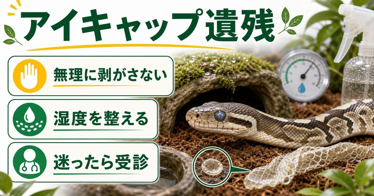 ヘビの目の脱皮殻が残る「アイキャップ遺残」完全ガイド｜目が白い・くもる原因・安全な除去・予防を徹底解説の要点を伝えるカメレオン・爬虫類記事アイキャッチ画像