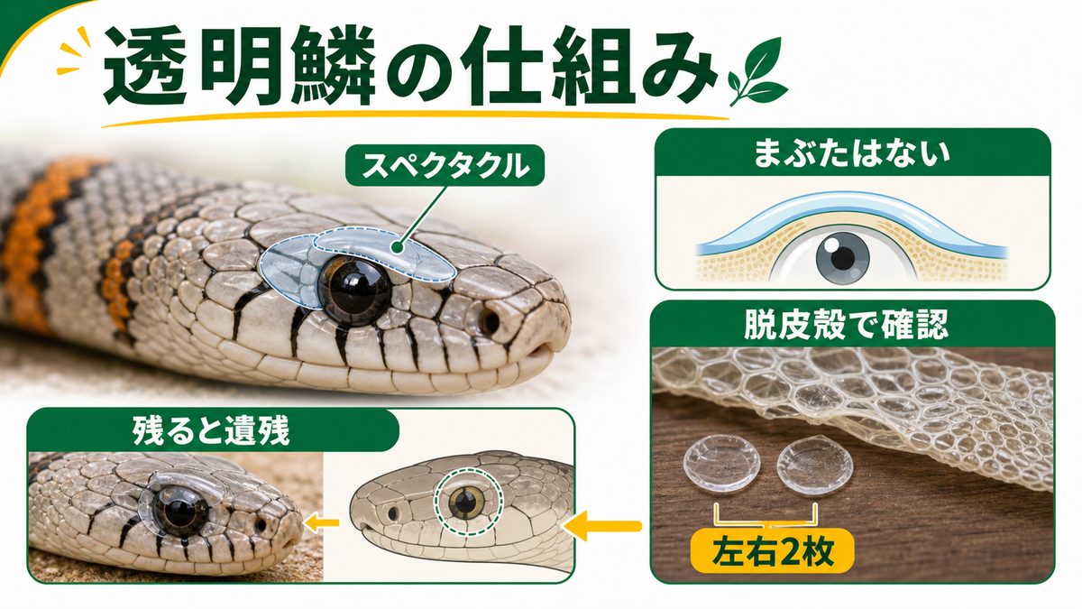 アイキャップ遺残とは（透明鱗の仕組み）の要点をまとめたカメレオン・爬虫類飼育インフォグラフィック