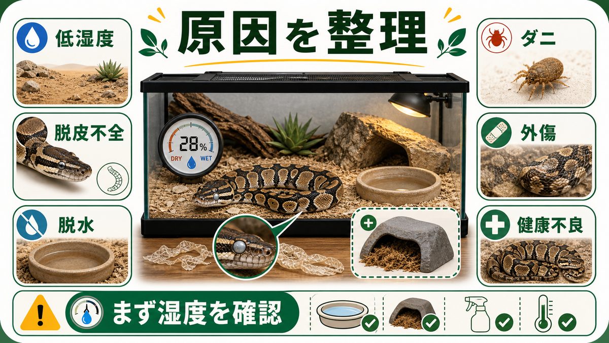 原因（脱皮不全・低湿度・ダニ）の要点をまとめたカメレオン・爬虫類飼育インフォグラフィック