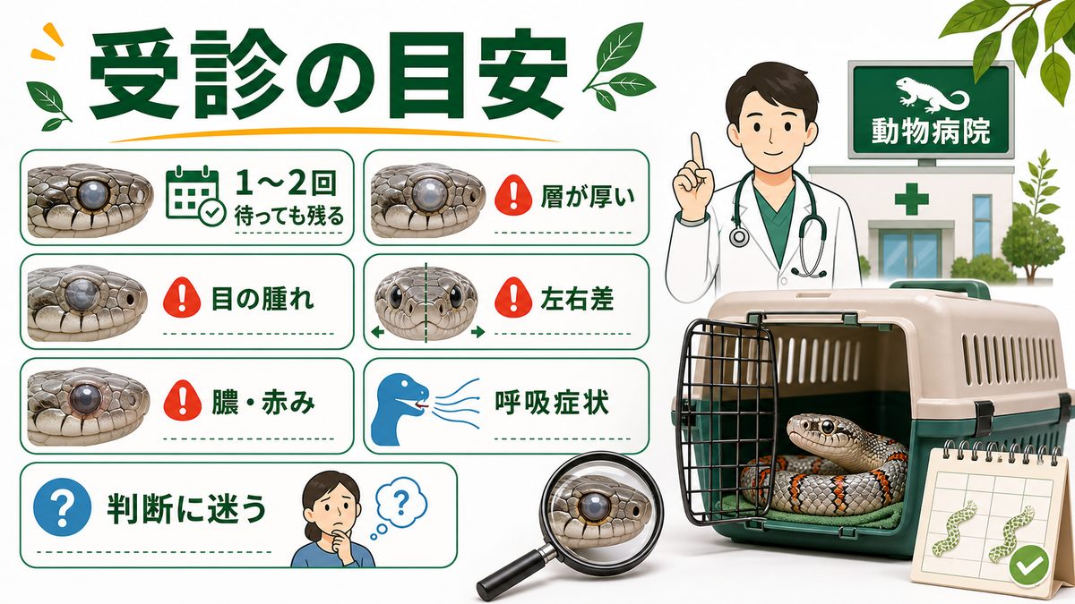 動物病院を受診すべき目安の要点をまとめたカメレオン・爬虫類飼育インフォグラフィック