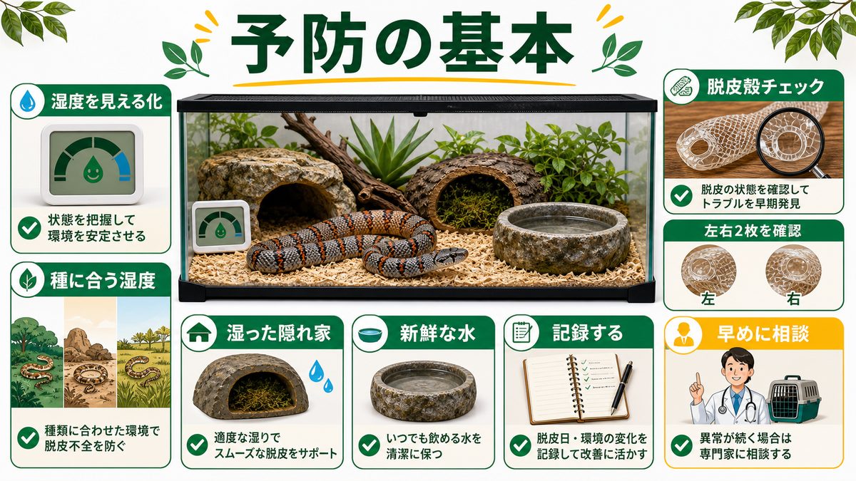 予防（湿度・脱皮環境）の要点をまとめたカメレオン・爬虫類飼育インフォグラフィック