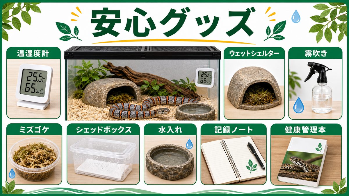 ケアにあると安心なグッズの要点をまとめたカメレオン・爬虫類飼育インフォグラフィック