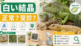 爬虫類の鼻から白い結晶・くしゃみは病気？塩腺分泌（正常）と鼻炎の見分け方完全ガイドの要点を伝えるカメレオン・爬虫類記事アイキャッチ画像