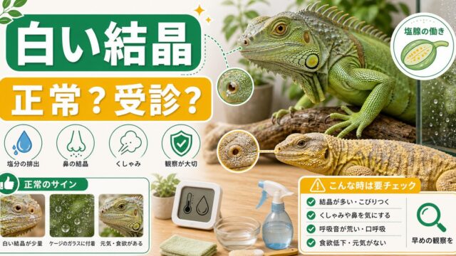 爬虫類の鼻から白い結晶・くしゃみは病気？塩腺分泌（正常）と鼻炎の見分け方完全ガイドの要点を伝えるカメレオン・爬虫類記事アイキャッチ画像