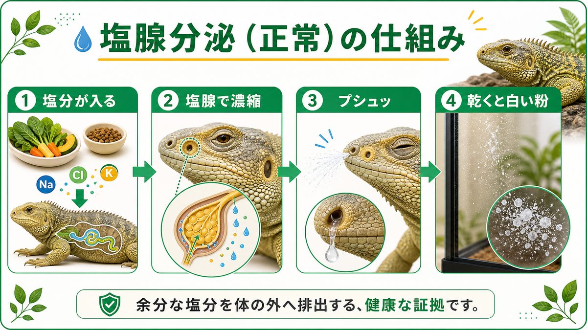 塩腺分泌（正常）の仕組みの要点をまとめたカメレオン・爬虫類飼育インフォグラフィック