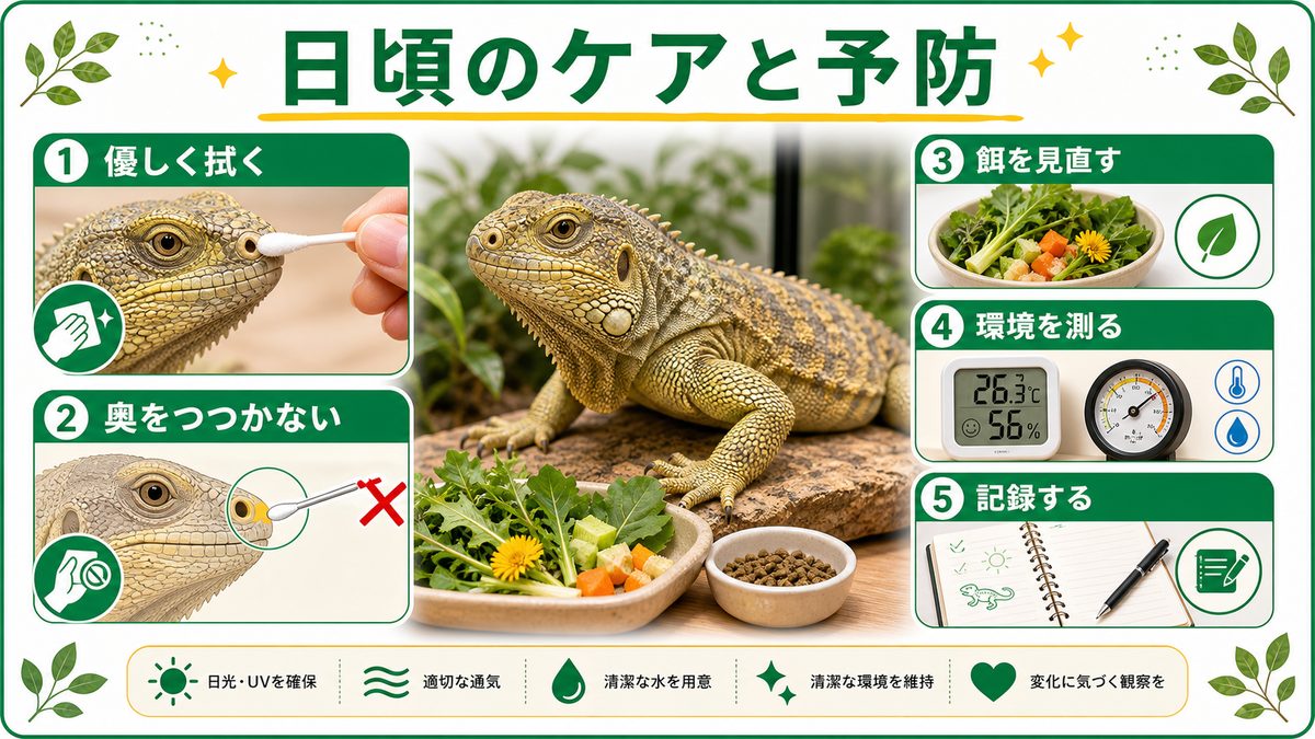 日頃のケアと予防の要点をまとめたカメレオン・爬虫類飼育インフォグラフィック