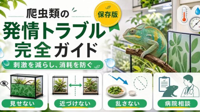 爬虫類の発情・性的興奮トラブル完全ガイド｜繁殖期の攻撃性・拒食・ストレスへの対処を徹底解説の要点を伝えるカメレオン・爬虫類記事アイキャッチ画像