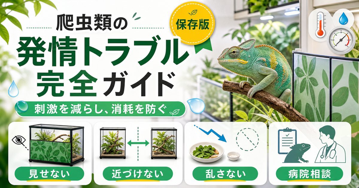 爬虫類の発情・性的興奮トラブル完全ガイド｜繁殖期の攻撃性・拒食・ストレスへの対処を徹底解説の要点を伝えるカメレオン・爬虫類記事アイキャッチ画像