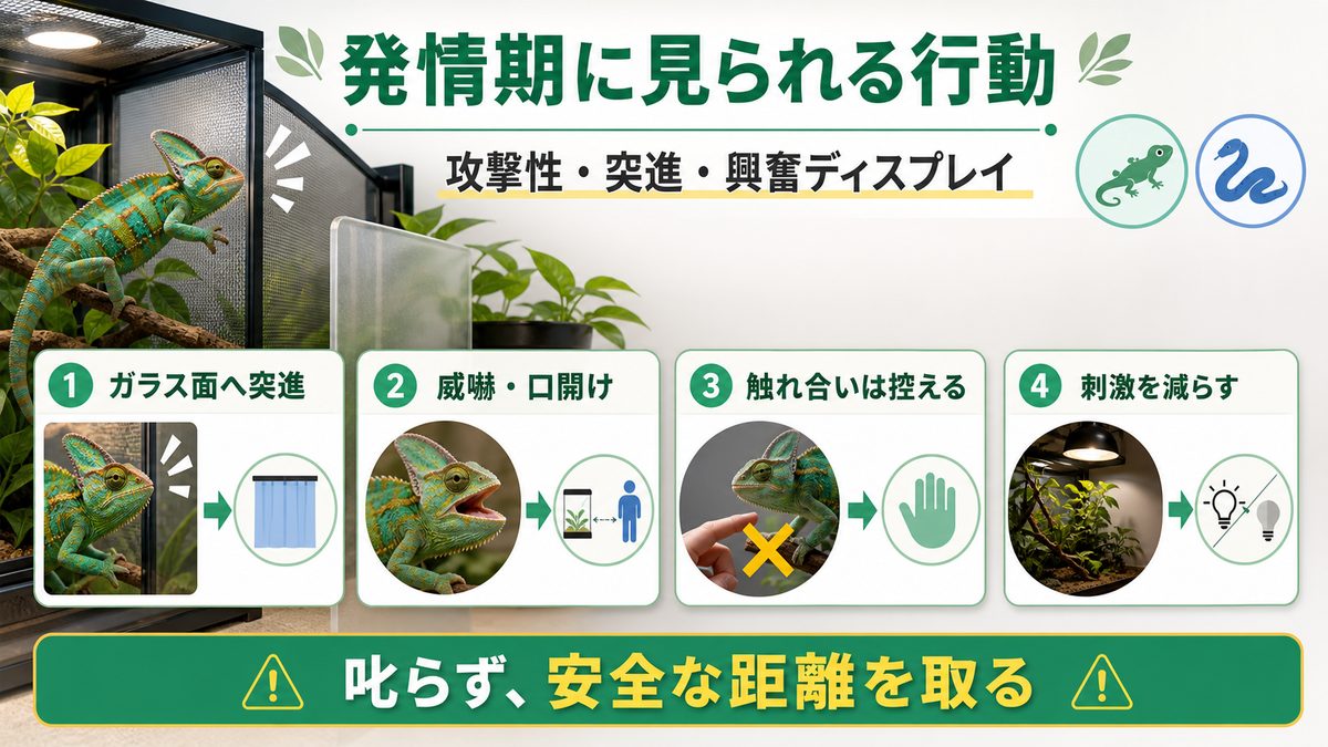 発情期に見られる行動｜攻撃性・突進・興奮ディスプレイの要点をまとめたカメレオン・爬虫類飼育インフォグラフィック