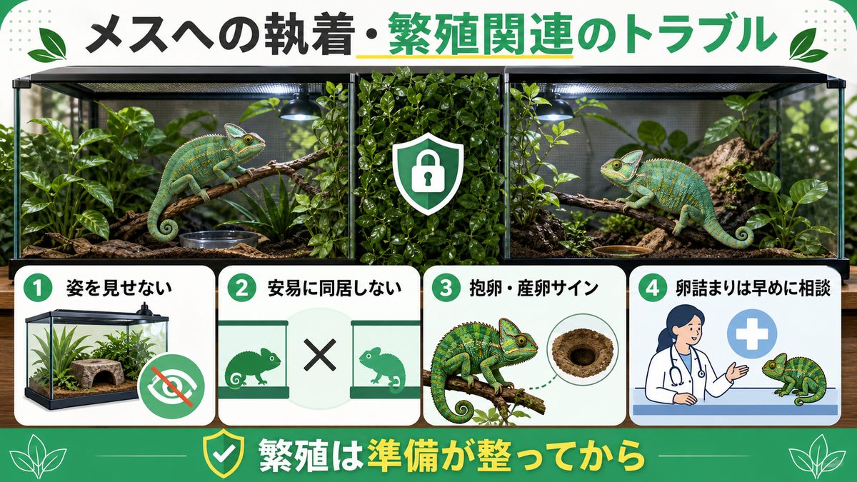 メスへの執着・繁殖関連のトラブルの要点をまとめたカメレオン・爬虫類飼育インフォグラフィック