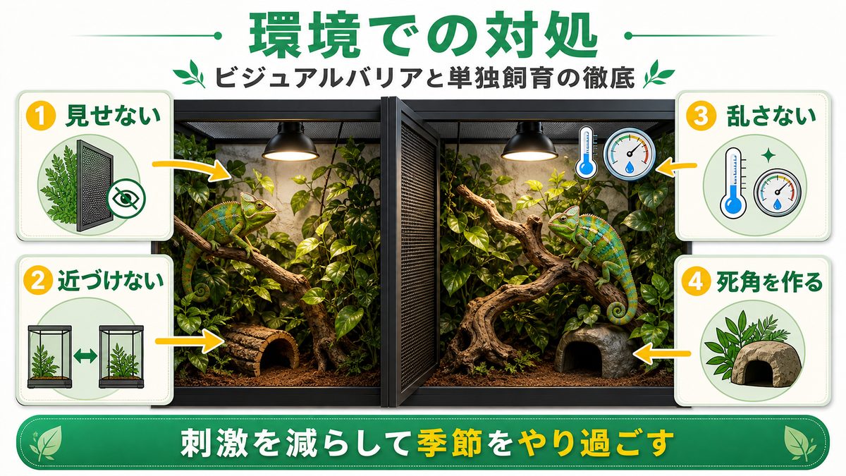 環境での対処｜ビジュアルバリアと単独飼育の徹底の要点をまとめたカメレオン・爬虫類飼育インフォグラフィック
