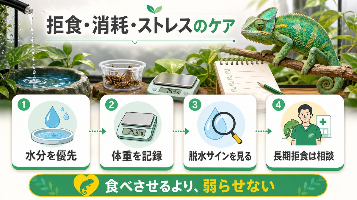 拒食・消耗・ストレスのケアの要点をまとめたカメレオン・爬虫類飼育インフォグラフィック