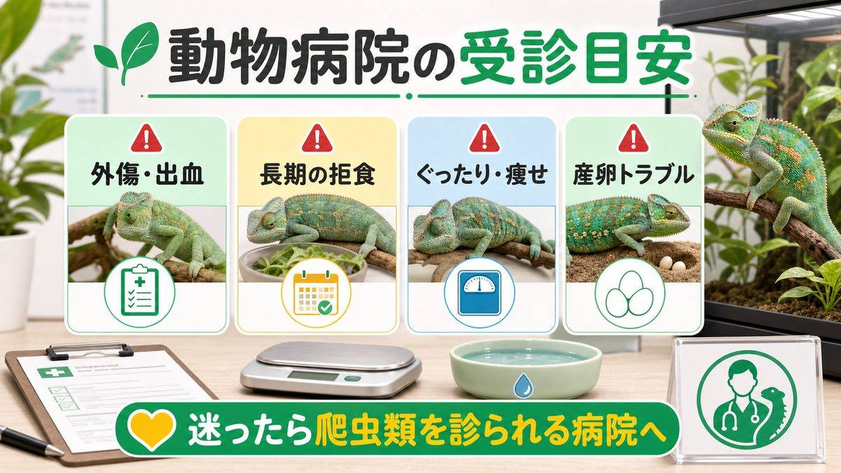 動物病院の受診目安の要点をまとめたカメレオン・爬虫類飼育インフォグラフィック