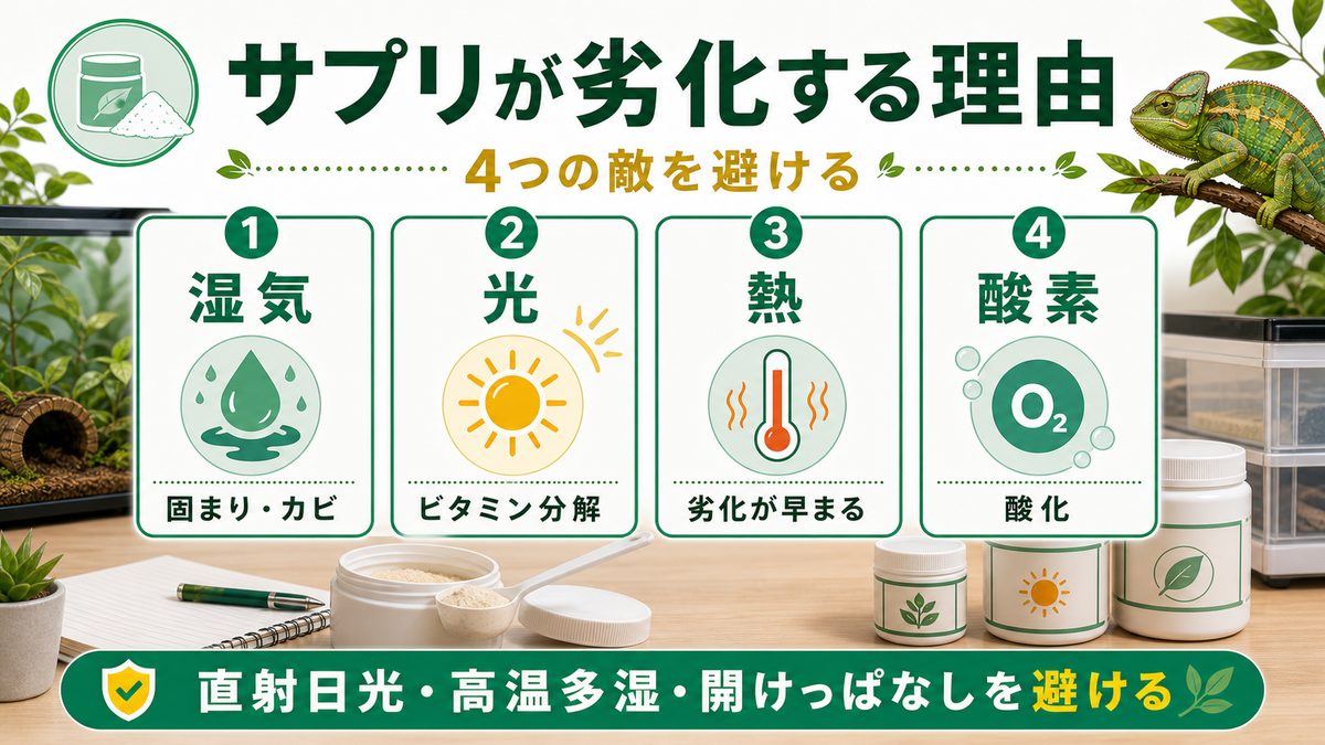 サプリが劣化する理由|湿気・光・熱・酸素の4つの敵の要点をまとめたカメレオン・爬虫類飼育インフォグラフィック