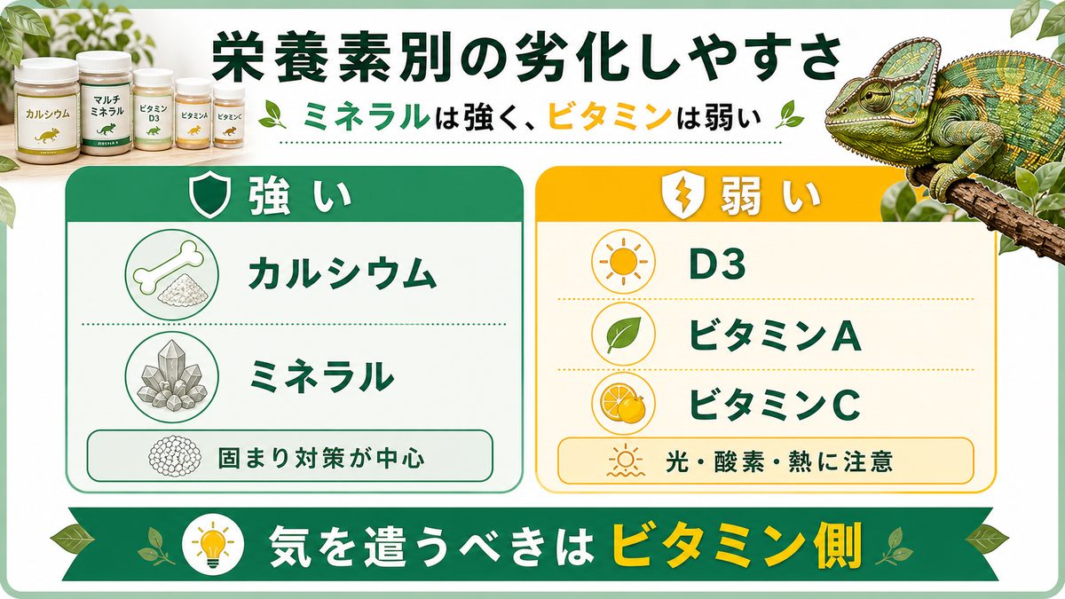 栄養素別の劣化しやすさ|ミネラルは強く、ビタミンは弱いの要点をまとめたカメレオン・爬虫類飼育インフォグラフィック