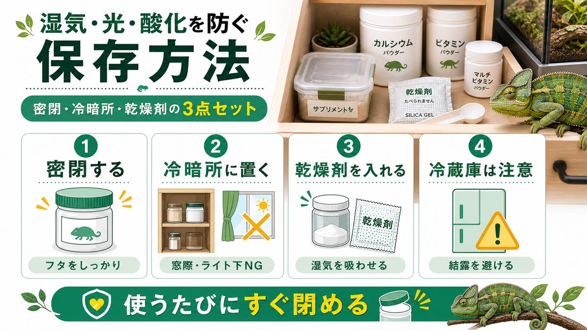 湿気・光・酸化を防ぐ保存方法|密閉・冷暗所・乾燥剤の3点セットの要点をまとめたカメレオン・爬虫類飼育インフォグラフィック