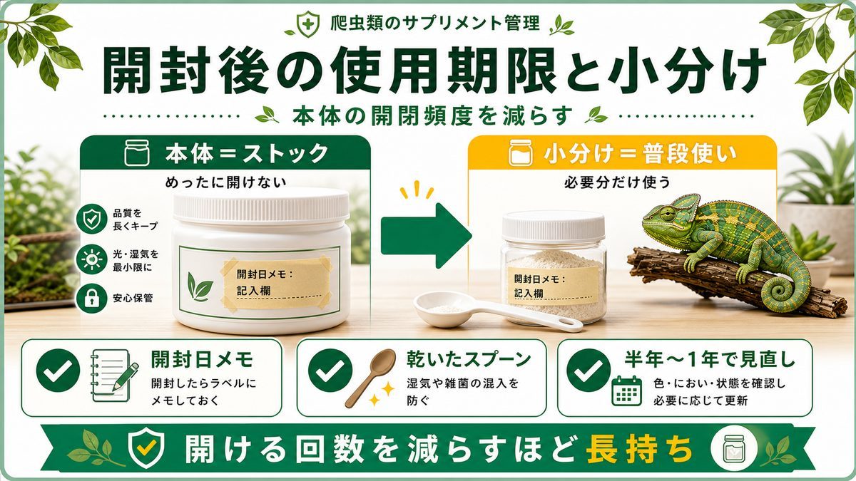 開封後の使用期限と小分け|本体の開閉頻度を減らす工夫の要点をまとめたカメレオン・爬虫類飼育インフォグラフィック