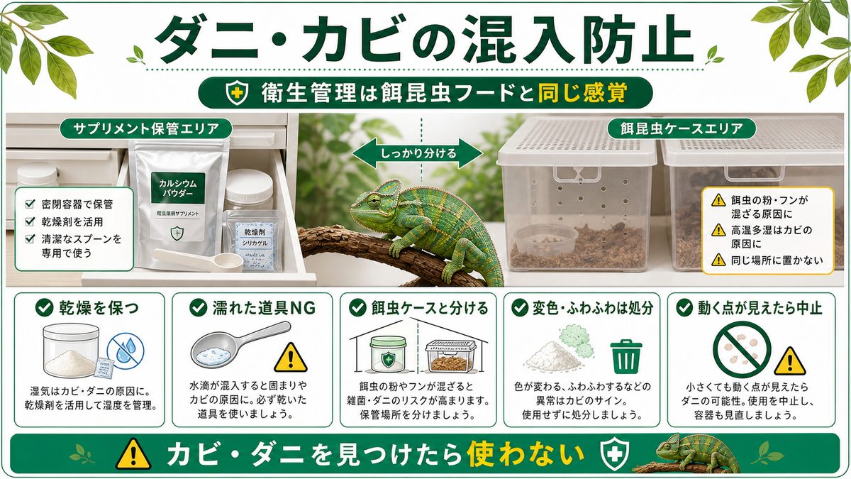 ダニ・カビの混入防止|衛生管理は餌昆虫用フードと同じ感覚での要点をまとめたカメレオン・爬虫類飼育インフォグラフィック