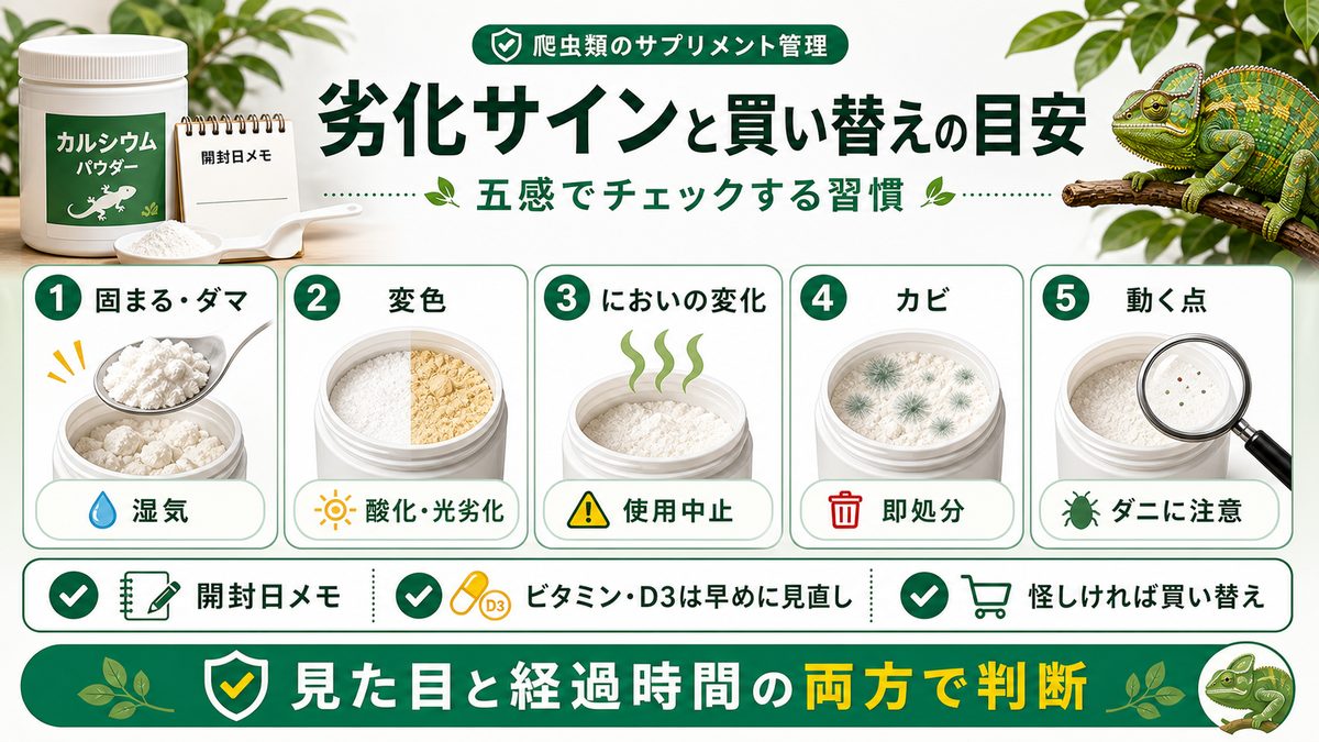 劣化サインと買い替えの目安|五感でチェックする習慣をの要点をまとめたカメレオン・爬虫類飼育インフォグラフィック