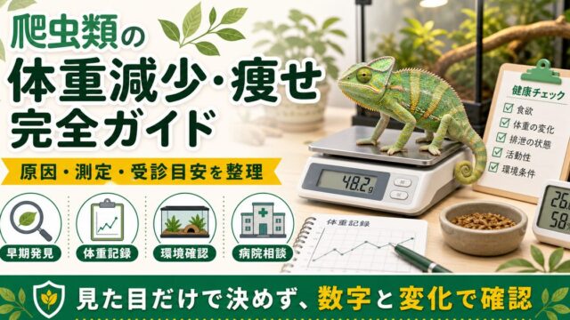 爬虫類の体重減少・痩せ完全ガイド｜原因・体重測定・対処と動物病院の受診目安を徹底解説の要点を伝えるカメレオン・爬虫類記事アイキャッチ画像