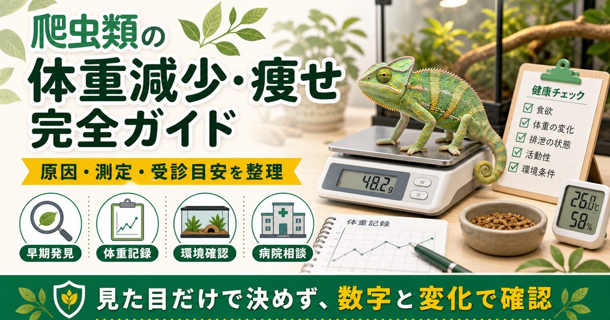 爬虫類の体重減少・痩せ完全ガイド｜原因・体重測定・対処と動物病院の受診目安を徹底解説の要点を伝えるカメレオン・爬虫類記事アイキャッチ画像