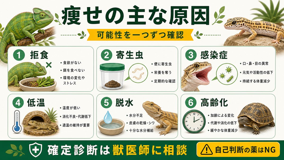 主な原因——拒食・寄生虫・感染症・低温などの要点をまとめたカメレオン・爬虫類飼育インフォグラフィック
