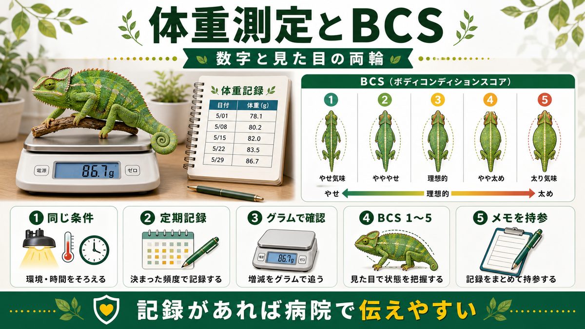 体重測定とBCSの考え方の要点をまとめたカメレオン・爬虫類飼育インフォグラフィック