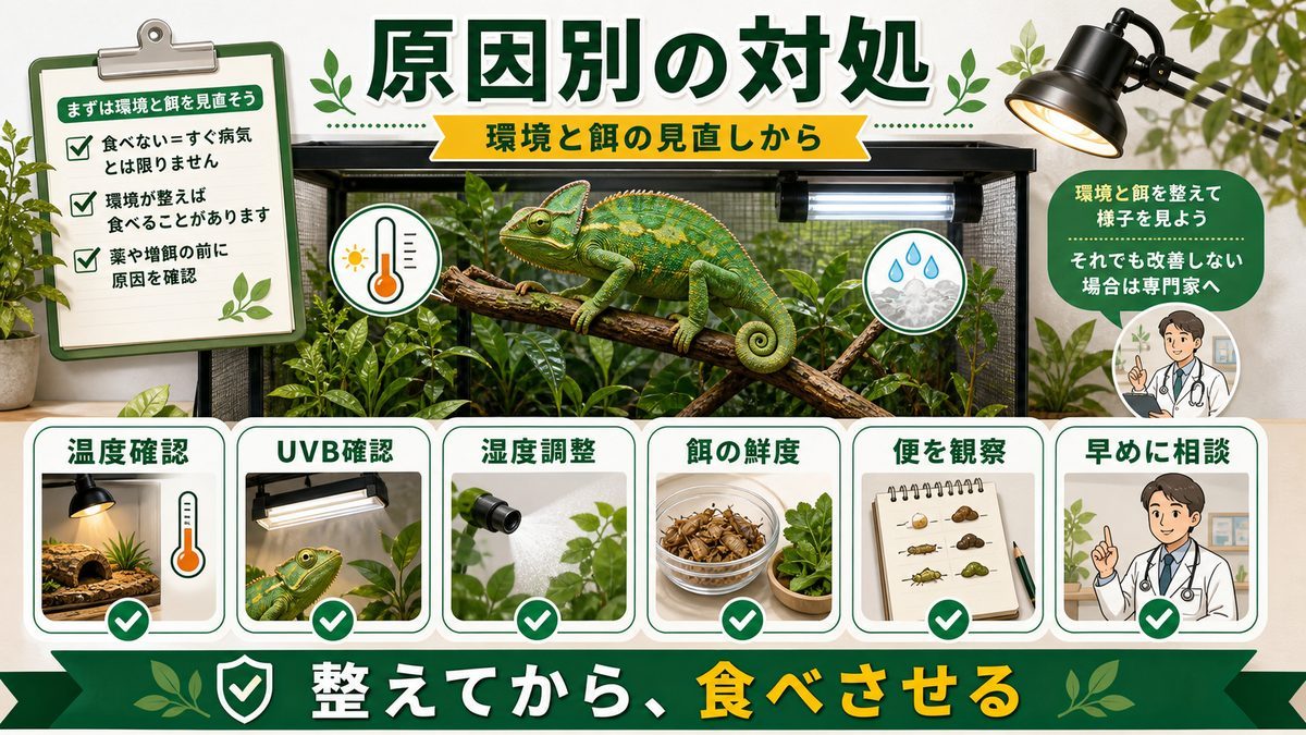 原因別の対処——環境と餌の見直しからの要点をまとめたカメレオン・爬虫類飼育インフォグラフィック