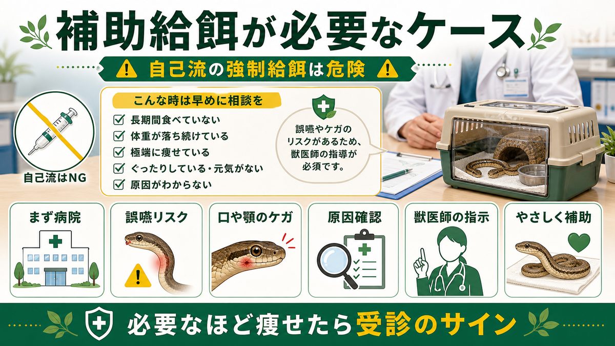 補助給餌が必要なケースの要点をまとめたカメレオン・爬虫類飼育インフォグラフィック