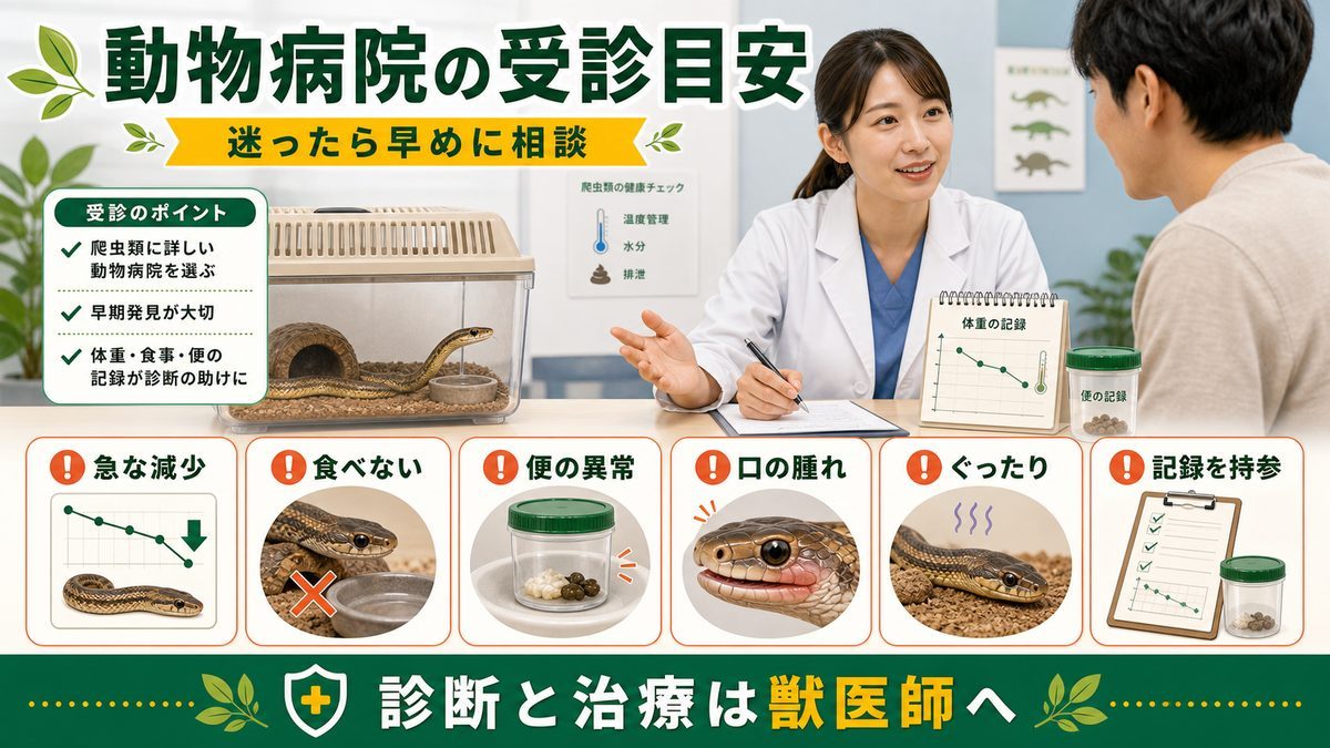 動物病院の受診目安の要点をまとめたカメレオン・爬虫類飼育インフォグラフィック