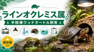 ラインオクレミス属（Rhinoclemmys）完全ガイド｜中南米産木本ガメ・ウッドタートルの種類・特徴・半陸棲飼育法を属レベルで解説の要点を伝えるカメレオン・爬虫類記事アイキャッチ画像